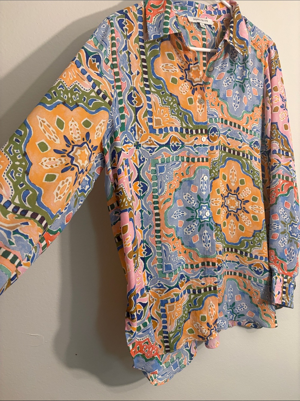 Rose and Olive Multicolor Button-Up lightweight for summer or swim coverup - Picture 3 of 8